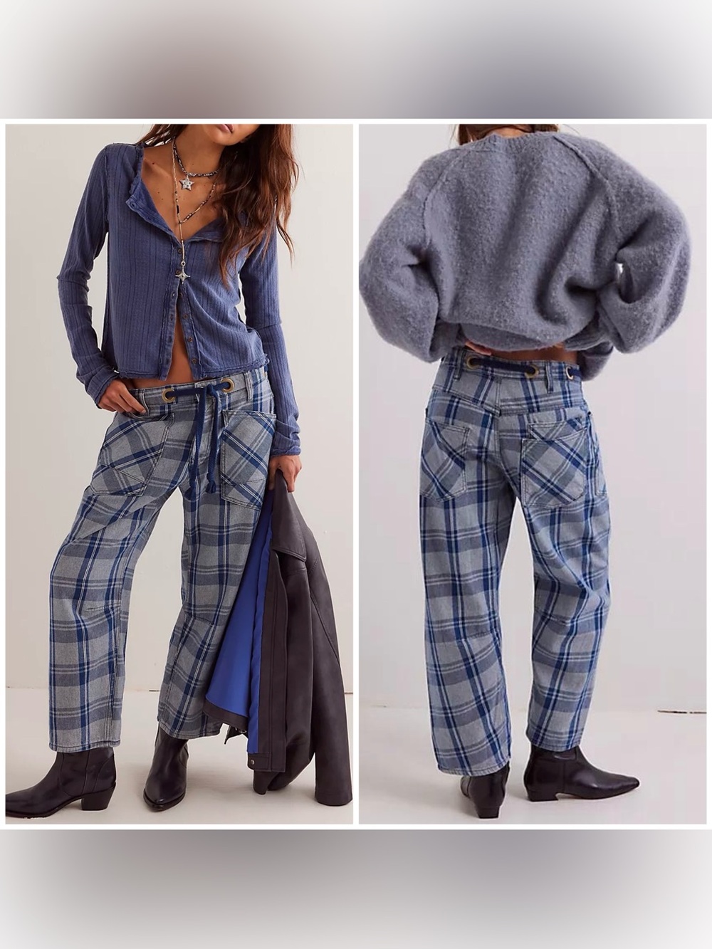 NWT Free People We The Free Moxie Plaid Pull-On Barrel Jeans - country blue - 25
